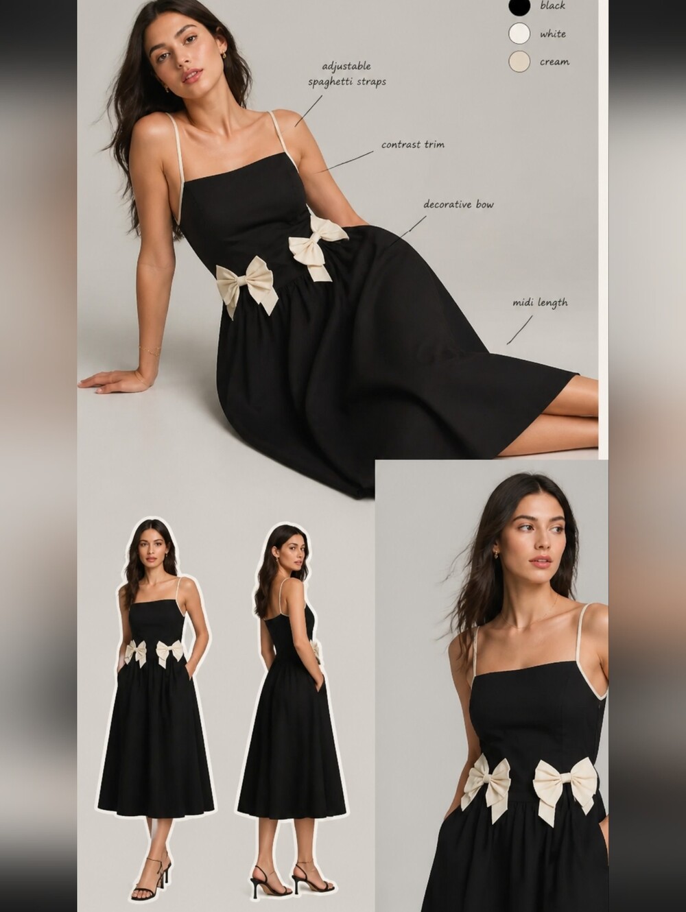 Petal & Pup Tia Black Midi Dress with Cream Bow Details